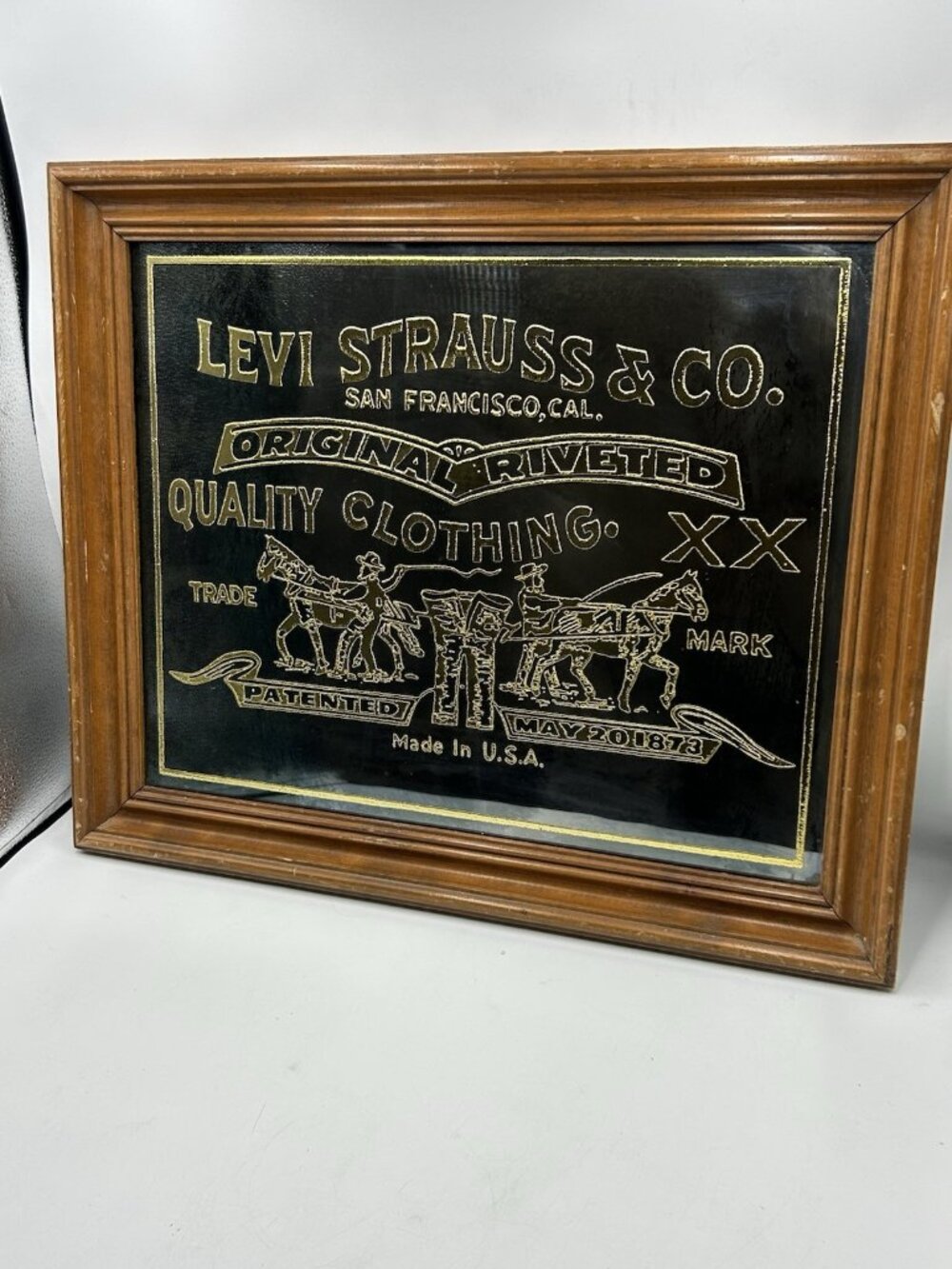 Vintage 1973 Levi Strauss Jeans Acid Etched Mirror Sign 70s Ad Bar Store Frame✅